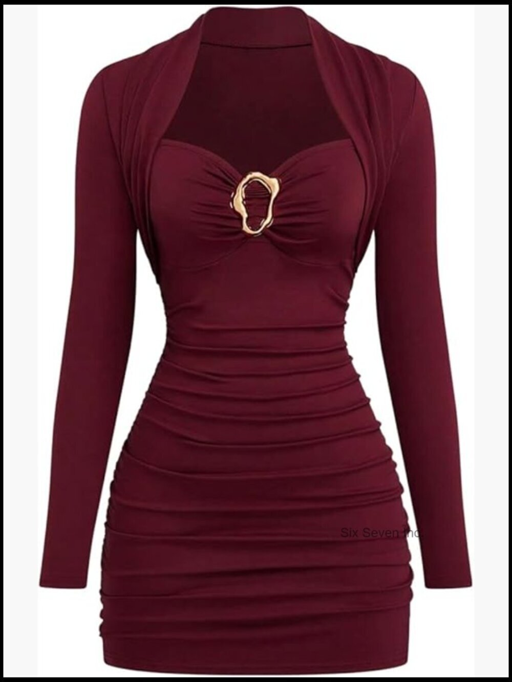 Plus Size Ruched Bodycon Mini Dress, Sweetheart Neck Long Sleeve Cocktail Party